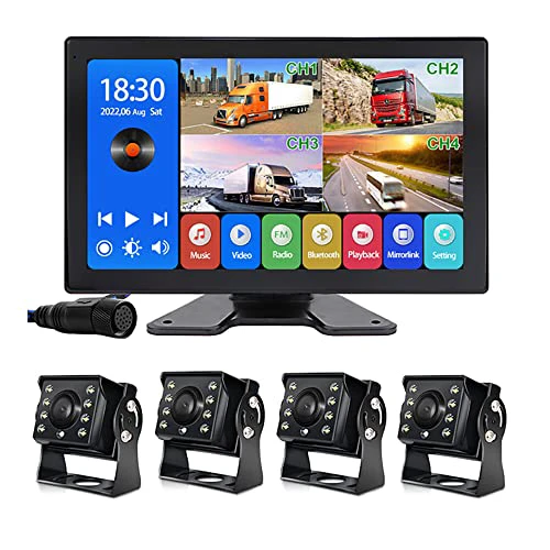 EVERSECU 4K Car Backup Cameras System with 10.1" Touch Screen Quad Display Monitor & 4pcs 1080P Backup AHD Cameras, MP5 Player, Vehicle DVR Recorder for RV/Truck/Bus/Trailer/Camper/Van Charc