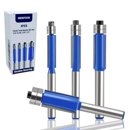 1/4 Inch Shank Blue Top Bearing Flush Trim Router Bit Set, 4Pcs Top and Bottom Bearing Flush Trim Router Bits Set 1/4 Inch Shank, 1/4 Router Bit Set 1/4 Shank Router Bits Set,1/4", 5/16", 3/