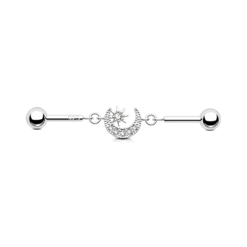 OUFER 925 Sterling Silver Industrial Piercing Jewelry, Chain Industrial Earrings for Women, 14G Silver Industrial Barbells, Cute Clear CZ Industrial Bar Piercing