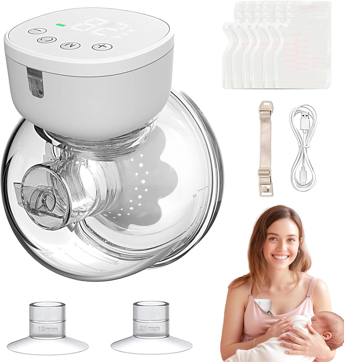 Hands Free Breast Pump - Breast Pump, Wearable Breast Pump with Smart Display, Electric Breast Pump of 3 Modes & 9 Levels, Low Noise Wireless Breast Pump with 19/21/24mm Flanges Space White