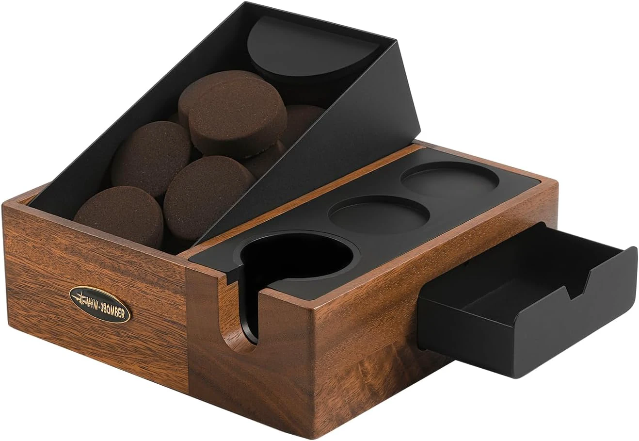 MHW-3BOMBER Espresso Tamping Station with Knock Box, 5 in 1 Walnut Removable Espresso Organizer Box for Storage 51mm, 54mm, 58mm Espresso Tamper, Distributor, Portafilter, Puck Screen, CH553