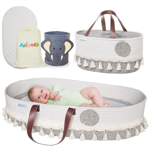 AIXIANG Baby Changing Basket with Diaper Caddy,Macrame Boho Moses Baskets for Newborn,Handmade 100% Cotton Rope,Baby Dresser,Moses Basket for Babies,Baby Basket Bassinet,Portable Changing Ta