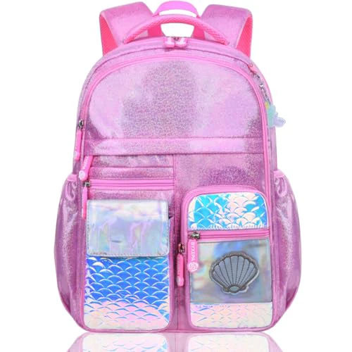 Girls Backpack, Glitter School Backpacks 16in for Girls, Cute Book Bag for Girl Kid Students Elementary School (Mermaid Pink)