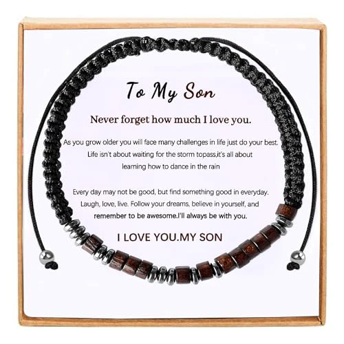 Son Bracelet Inspirational Gifts for Son,Easter Basket Stuffers Jewelry for Son,Morse Code Bracelets with Warm Message Card,Adjustable Handmade Mens Beaded Bracelets A To my son,with Paper C