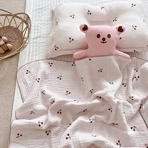 BuLuTu Muslin Cotton Toddler Blankets with Cherry Pattern 4 Layers Muslin Quilt Blanket for Toddler Baby Blanket Crib Blanket Soft Lightweight Nursery Bed Blankets for Baby Girls Boys, 47" x