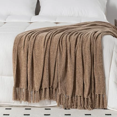 KASENTEX Extra Large Lightweight108x90in Soft Chenille Throw Bed Blanket for Bedroom with Fringe Tassel, Decorative Blankets and Throws, All Season Cozy Warm Summer Boho Blanket, Brown King 