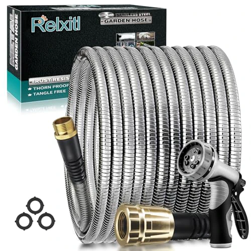 Relxitl Garden Hose 50 FT Stainless Steel Garden Hose Metal, Flexible Water Hose with Sprayer for Yard Never Kink and Tangle, Durable and Leak Proof Heavy Duty for Outdoor Use,grey 50FT Gray