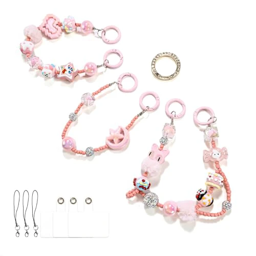 Phone Charm with Crystal/Handpainted Bead, Kawaii Hands-free Wrist Strap for Women Girl, Anti-lost Keychain, Cute Bag Charms 3 Pink - Cat