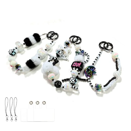 Phone Charm with Crystal/Handpainted Bead, Kawaii Hands-free Wrist Strap for Women Girl, Anti-lost Keychain, Cute Bag Charms 3 Black - Cat