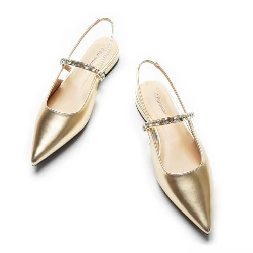 C.Paravano Slingback Flats for Women Pointed Toe Flats Sandal Women's Slingback Flats for Dressy Wedding Office Causal 6 A15b Gold