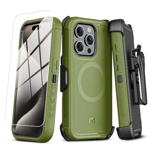 M MYBAT PRO Maverick Series iPhone 15 Pro Max Case with Belt Clip Holster,[Compatible with Magsafe]w/Screen Protector ,Anti-Drop,Shockproof,with 360°Rotating Kickstand,Heavy Duty Protection 