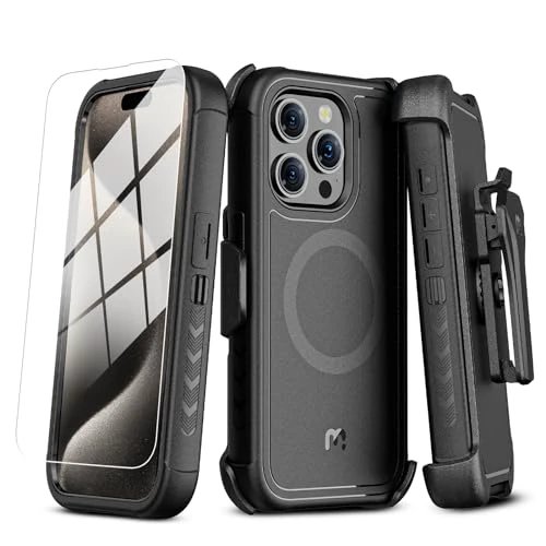 M MYBAT PRO Maverick Series iPhone 15 Pro Max Case with Belt Clip Holster,[Compatible with Magsafe] w/Screen Protector,Anti-Drop,Shockproof,with 360°Rotating Kickstand,Heavy Duty Protection 