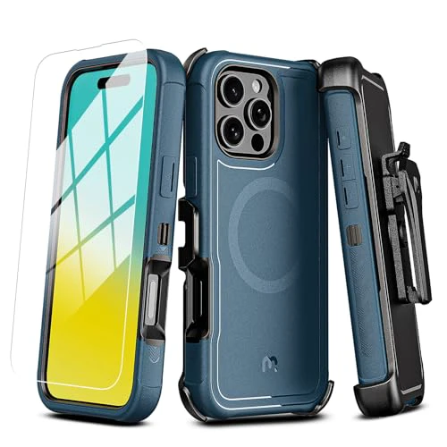 M MYBAT PRO Maverick Series iPhone 16 Pro Max Case with Belt Clip Holster,[Compatible with Magsafe] w/Screen Protector,Anti-Drop,Shockproof,with 360°Rotating Kickstand,Heavy Duty Protection 