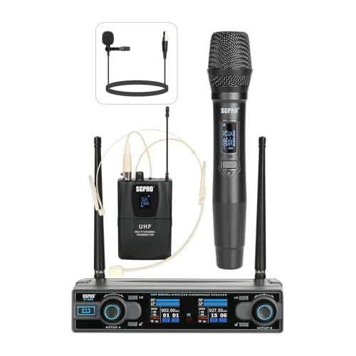 Dual Channel Wireless Microphone System - UHF Handheld, Bodypack, Head-Worn & Lavalier Mics for Live Performance, Karaoke, DJ, Church, Classroom & PA Systems (D-332HB)