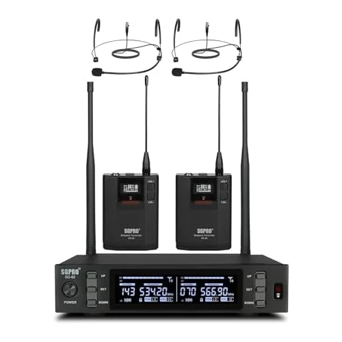 Dual Channel Wireless Microphone System with Two Bodypack Transmitters, Two Headset Micriophones and Two Lavalier Mics for Live & Recording of Sining and Speaking (D-332BB)