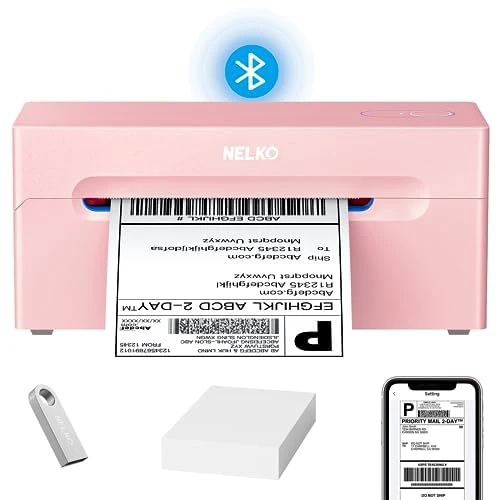 Nelko Bluetooth Thermal Shipping Label Printer, Wireless 4x6 Shipping Label Printer for Shipping Packages, Support Android, iPhone and Windows, Widely Used for Amazon, Ebay, Shopify (Pink)