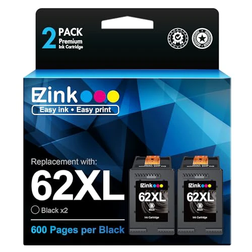 E-Z Ink Remanufactured Ink Cartridge Replacement for HP62XL 62 XL to use with HP Envy 5540 5640 5660 7644 to use with OfficeJet 5740 5741 8040 use with OfficeJet 200 250 Series Printer (2 Bl