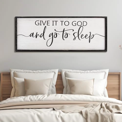 Paquesta Give It to God and Go to Sleep Sign Wall Decor Above Bed 40''×15'' Large Farmhouse Bedroom Decor Wood Guest Room Decor Framed Wall Art Rustic Master Bedroom Essentials Wall Decorati