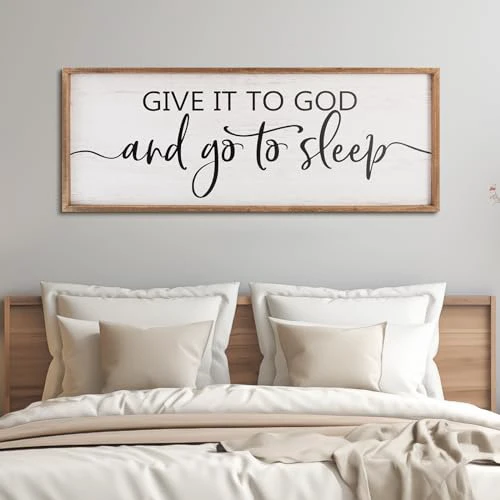 Paquesta Give It to God and Go to Sleep Sign Wall Decor Above Bed 40''×15'' Large Farmhouse Bedroom Decor Wood Guest Room Decor Framed Wall Art Rustic Master Bedroom Essentials Wall Decorati