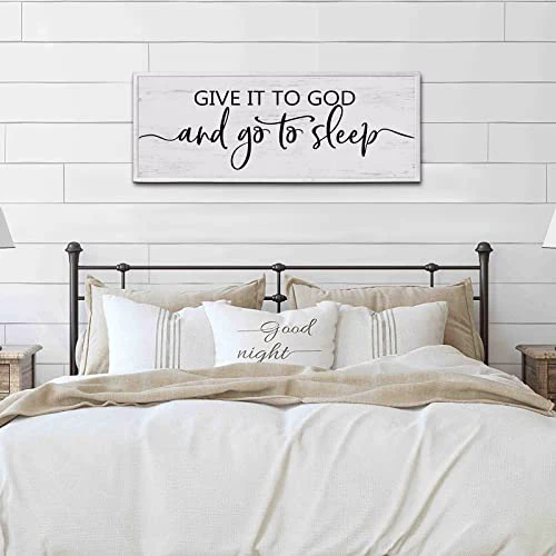 Give It to God and Go to Sleep Sign 40''×15'' Large Above Bed Wall Decor Farmhouse Bedroom Decor Wood Guest Room Decor Framed Wall Art Rustic Master Bedroom Essentials Wall Decoration (Large