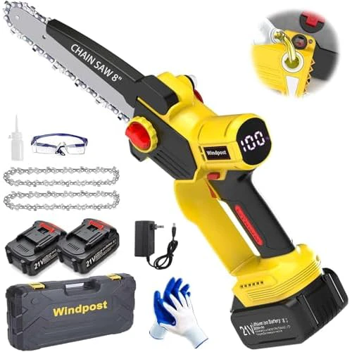 Mini Chainsaw Cordless 8 Inch,Rechargeable Handheld Electric Saw with Safety Lock,oil pump,with 2 * 2.0Ah Batteries and Charger,LED Power Indicator - Battery Powered for Wood & Tree Cutting-