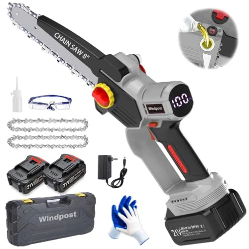 Mini Chainsaw 8 Inch, Cordless Mini Chainsaw, Portable 21V Cordless Chainsaw, with 2*2.0Ah Batteries and Charger, LED power indicator,with Oil Pump and Tool-less Chain Tensioning Function-Si