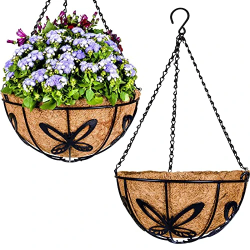 Metal Hanging Basket Planter Flower Pots with Coco Liner for Plants Outdoor Garden Decoration Porch Decor Black Watering Orchid Pot Indoor - Butterfly Pattern, 10 Inch, 2 Pack 10 Inch Butter