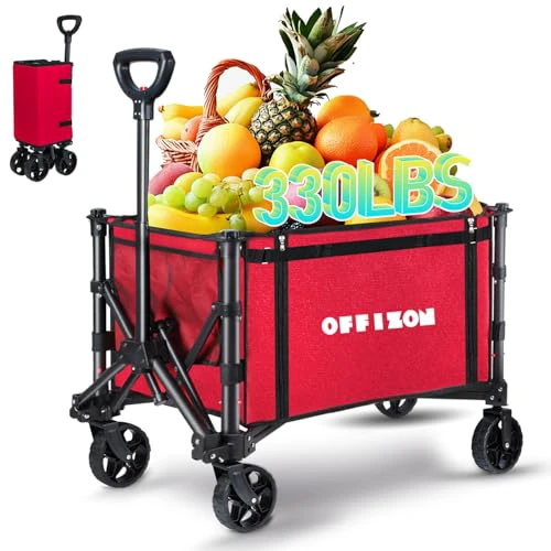 Collapsible Folding Wagon, Heavy Duty Collapsible Wagon Cart, Foldable Utility Grocery Wagon for Camping, Sports, Garden, Shopping, Red - 330 lbs Capacity (Red)