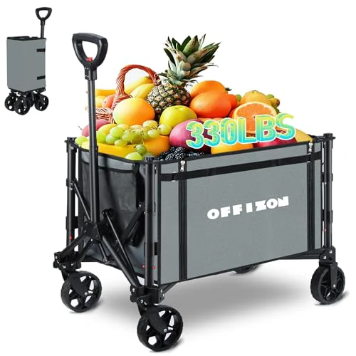 Collapsible Folding Wagon, Heavy Duty Collapsible Wagon Cart, Foldable Utility Grocery Wagon for Camping, Sports, Garden, Shopping, Grey - 330 lbs Capacity (Grey) Gray