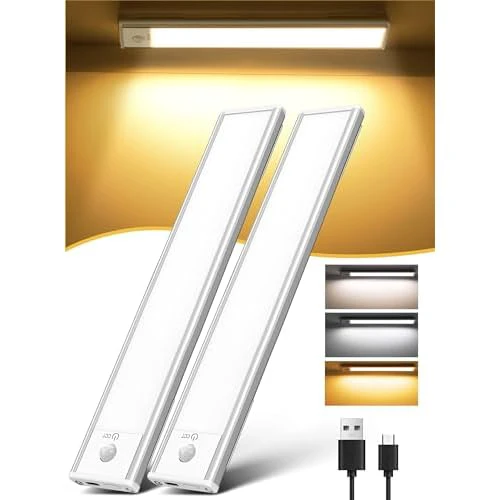 2Pack 12” Under Cabinet Lights, Magnetic Led Motion Sensor Counter Lights, 3 Color Temperatures Light Bar, USB Rechargeable Closet Light for Kitchen, Bedroom, Wardrobe, Hallway, Stairs Pure 