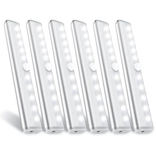 Motion Sensor Closet Lights, 10 LED Motion Sensor Lights, Stick-on Anywhere Battery Operated Night Light Bar, Safe Lights for Closet Cabinet Wardrobe Stairs, 6 Pack