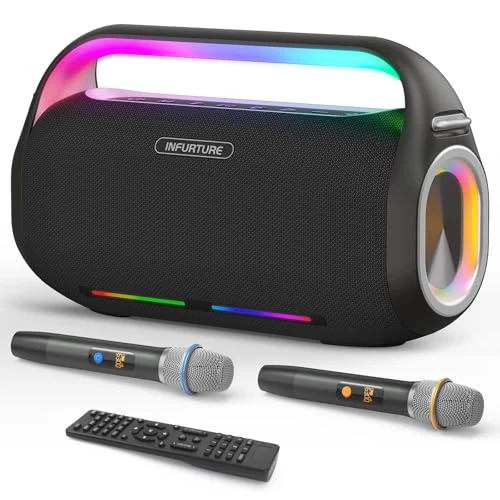 Karaoke Machine, 350W Portable Bluetooth Speaker with 2 Wireless Microphones, 15H Playtime Karaoke Speaker with TWS System/EQ/Deep Bass，Supports TF Card/USB, AUX in for Party, Outdoor