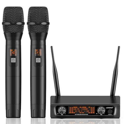 Metal Dual Wireless Microphone Systems: UHF Cordless Dynamic Karaoke Mic Handheld Set, Auto Connect - Long Transmission Range 200ft with Receiver for Home KTV, DJ Party, Church, Wedding, Spe