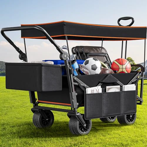 YITAHOME Large Collapsible Wagon w/Removable Canopy, Heavy Duty Outdoor Folding Wagon Cart w/Adjustable Handles and Flexible Swivel Wheels Utility Wagon for Camping, Shopping, Sports, Beach 