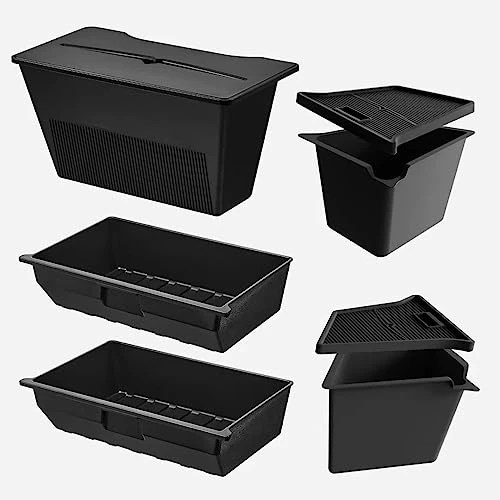 3W 2020-2022 Tesla Model Y Accessories, 2Pcs Under Seat Storage Box 2Pcs Rear Trunk Organizer Side Storage Box with Lids Rear Center Console Storage Bin TPE Waterproof Odorless Protector Pac