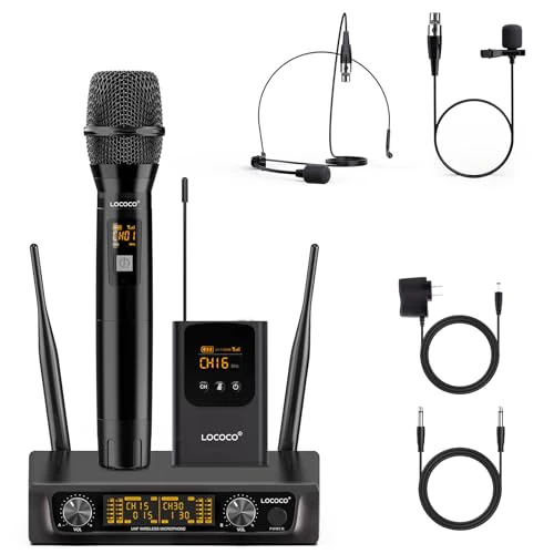 UHF Wireless Microphone System Set: Metal Cordless Handheld/Headset/Lavalier Lapel Mics, Bodypack Transmitter, Receiver - 2*15 Channels 200ft Range for Church, Karaoke Singing, DJ, Wedding, 