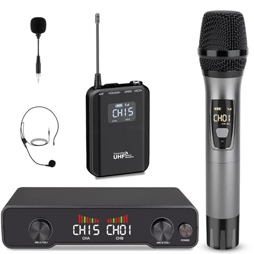 Lococo Wireless Microphone System MIC: Cordless Headset Microphones Bodypack Set - UHF Receiver 328ft Range Channels for Speaking, Singing Church DJ Stage Studio Handheld & Bodypack Mics U50