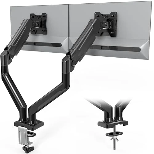 BONTEC Dual Monitor Stand, Adjustable Gas Spring Monitor Desk Mount for 13-32 Inch Screens, Full Motion VESA Mount with C Clamp, Grommet Base, Tilt, Swivel, Rotation, Each Arm Holds 6.6 to 1