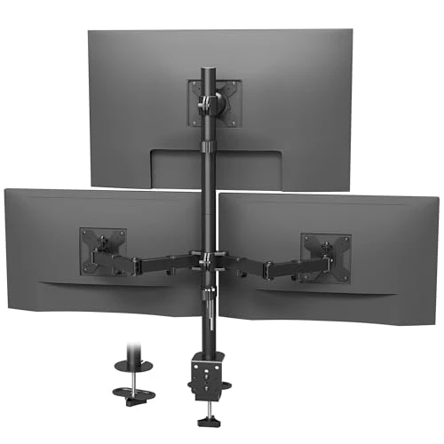 BONTEC Triple Monitor Desk Mount for One 32 Inch Screen and Two 27 Inch Screens, Supports up to 22lbs, with Full Motion Adjustability, Dual Installation Options and Integrated Cable Manageme