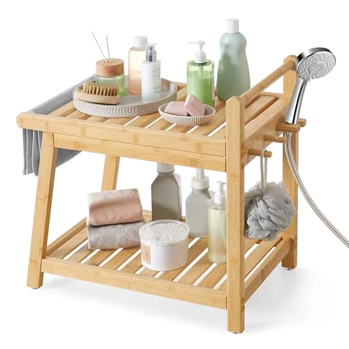 SONGMICS Bamboo Shower Bench with Storage Shelf, Shower Chair, Water Resistant Shower Stool with Handle and Hooks, Shower Head Holder, Non-Slip Feet, for Bathroom, Adults, Natural Beige UBCB