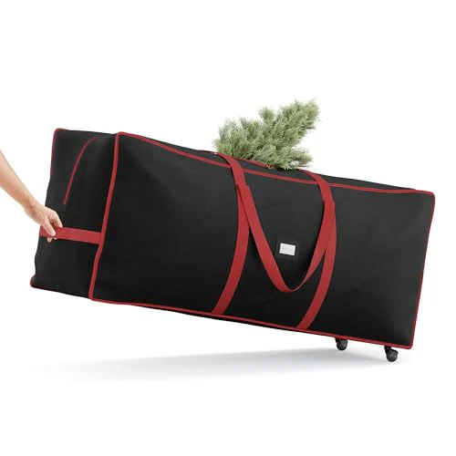 SONGMICS Christmas Tree Storage Bag with 1.6-Inch Wheels, Rolling Storage Bag, up to 7.5 ft, For Disassembled Holiday Tree, Length-Adjustable Handles, 600D Oxford Fabric, Ink Black URXS004B0