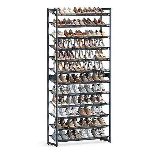 SONGMICS Shoe Rack, 12-Tier Shoe Organizer, Metal Shoe Storage for Garage, Entryway, Set of 2 6-Tier Stackable Shoe Shelf, with Adjustable Flat or Angled Shelves, Hold 48-60 Pairs, Cool Gray