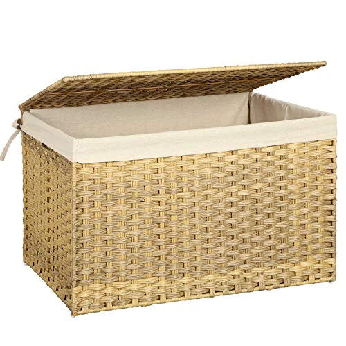 SONGMICS Storage Basket with Lid, 42.3 Gallon (160L) Storage Bin, Woven Blanket Storage Basket with Handles, Foldable, Removable Liner, Metal Frame, for Bedroom, Laundry Room, Natural URST76