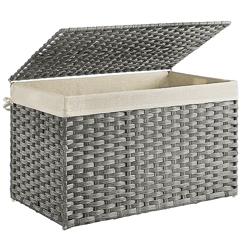 SONGMICS Storage Basket with Lid, 42.3 Gallon (160L) Storage Bin, Woven Blanket Storage Basket with Handles, Foldable, Removable Liner, Metal Frame, for Bedroom, Laundry Room, Gray URST76WG 