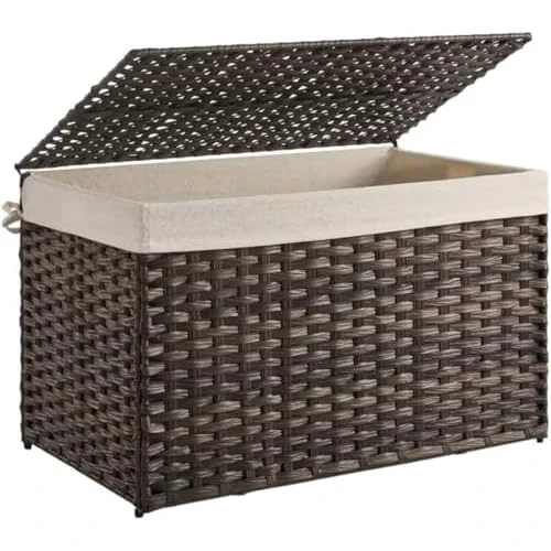 SONGMICS Storage Basket with Lid, 42.3 Gallon (160L) Storage Bin, Woven Blanket Storage Basket with Handles, Foldable, Removable Liner, Metal Frame, for Bedroom, Laundry Room, Brown URST76BR