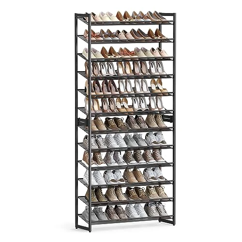 SONGMICS Shoe Rack, 12-Tier Shoe Organizer, Metal Shoe Storage for Garage, Entryway, Set of 2 6-Tier Stackable Shoe Shelf, with Adjustable Flat or Angled Shelves, Holds 48-60 Pairs, Black UL