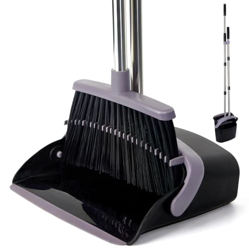 Broom and Dustpan Set, Dustpans with Broom Combo for Home, Heavy Dust Broom and Dustpan Combo, Long Handle Dust Pan and Broom Set for Kitchen, Office, Pet Hair, Charcoal Color, Pack of 1 Cha