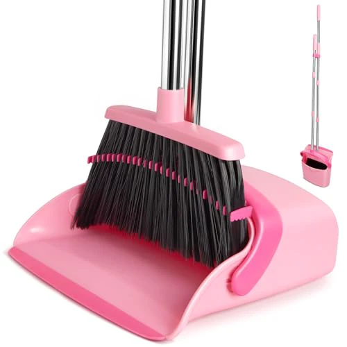 Broom and Dustpan Set, Dustpans with Broom Combo for Home, Heavy Dust Broom and Dustpan Combo, Long Handle Dust Pan and Broom Set for Kitchen, Office, Pet Hair,Pink, Pack of 1