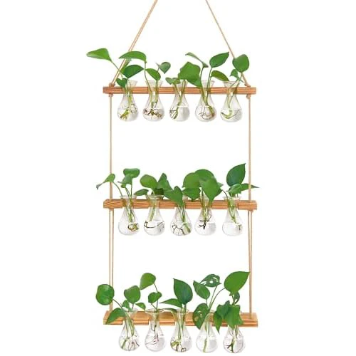 XXXFLOWER Wall Hanging Propagation Station with Wooden Stand 5 Bulb Vase 3 Tiered Planters Wall Terrarium for Home Office Plant Hanger Flower Vases Wall Decor 15 Bulb Vase