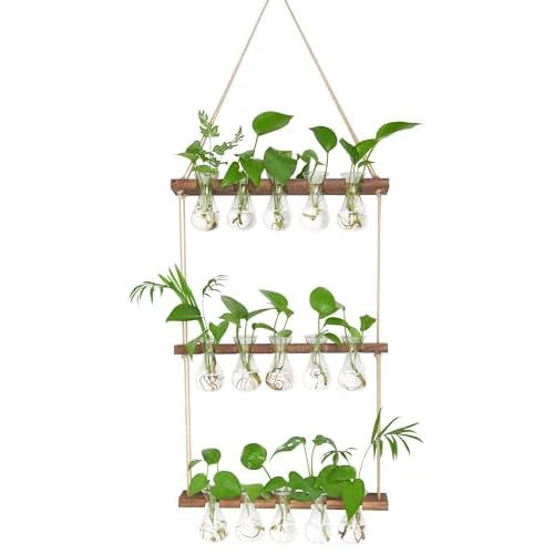 XXXFLOWER Wall Hanging Propagation Station with Wooden Stand 5 Bulb Vase 3 Tiered Planters Wall Terrarium for Home Office Plant Hanger Flower Vases Wall Decor(Brown) Brown-15 Bulb Vase